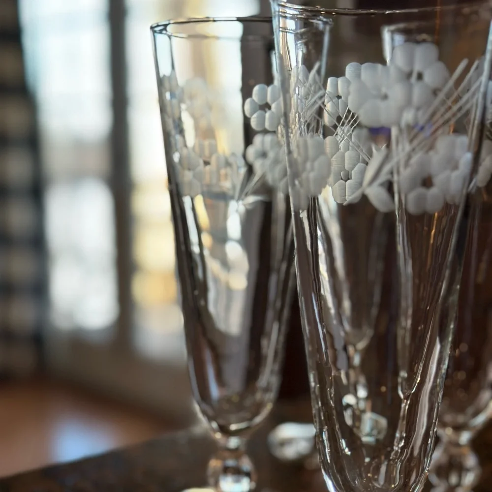 Libbey Glass Co Glenmore Floral Etched Champagne Flutes Hand Blown Glasses